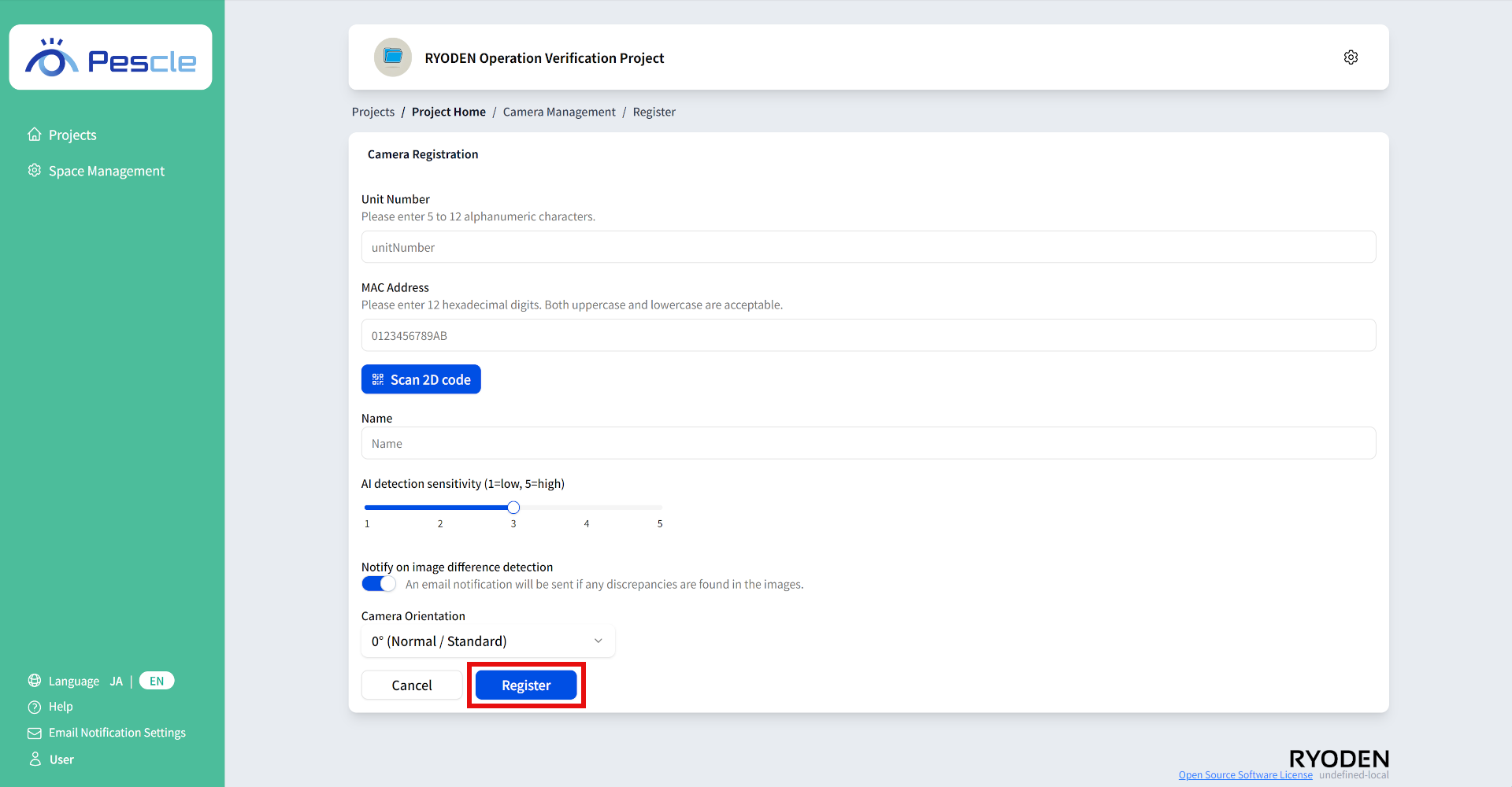 Camera registration screen