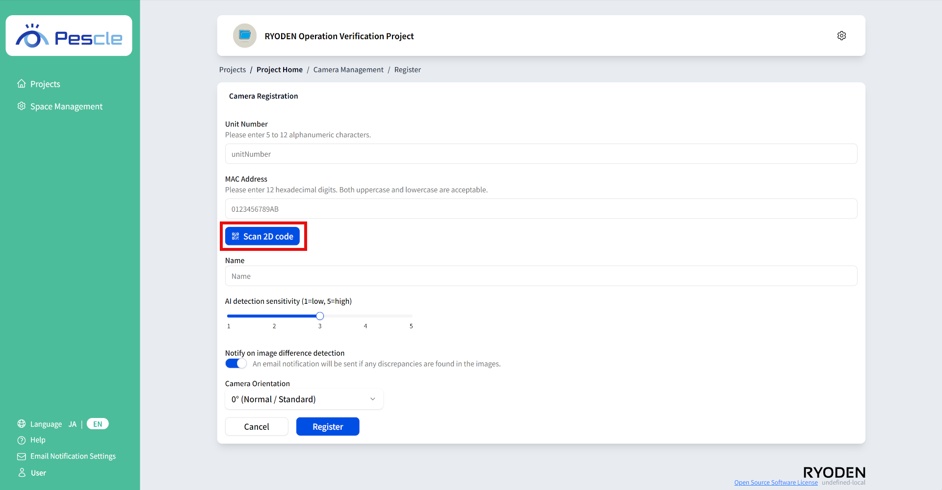 Camera registration screen