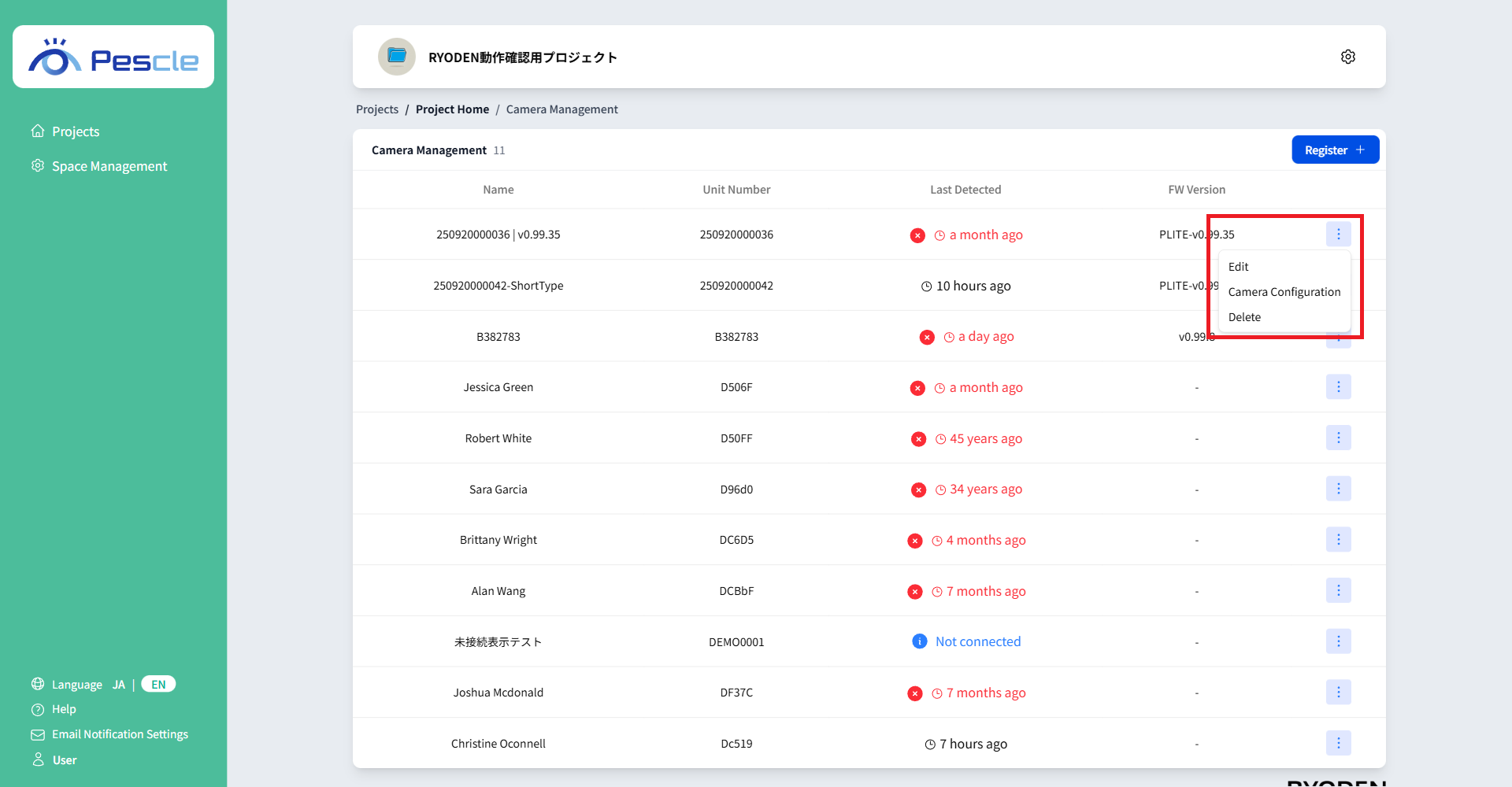 Camera management name