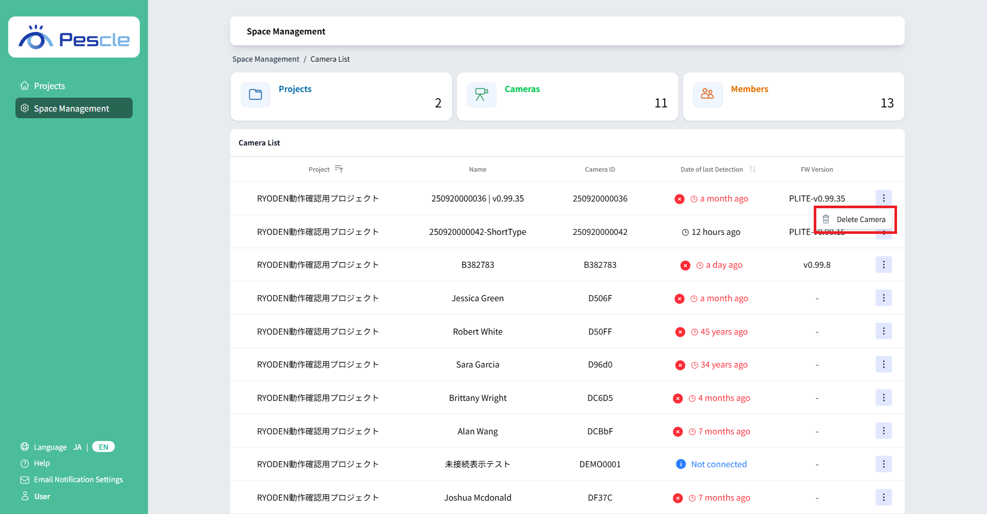 Camera management name