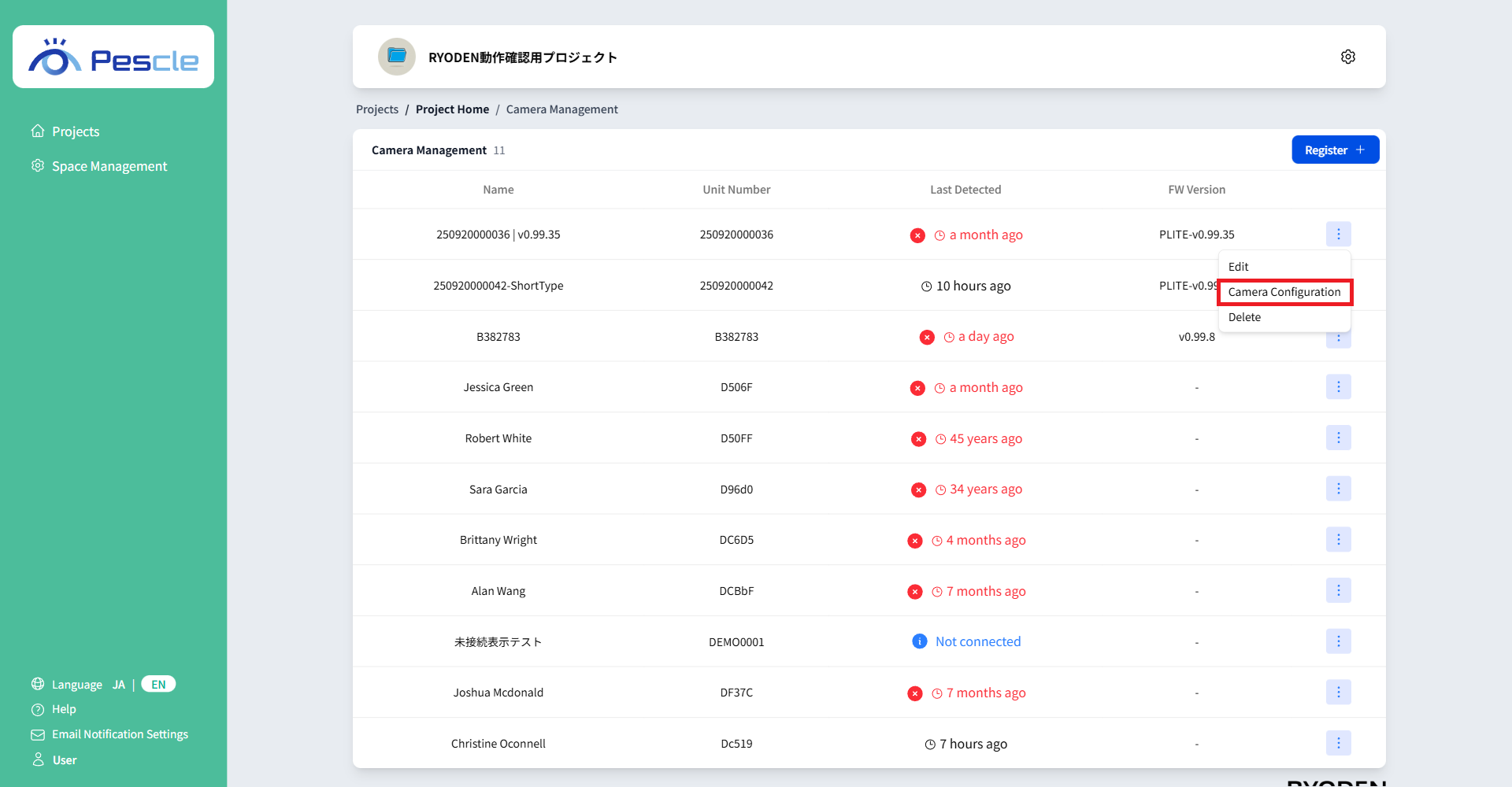 Camera management name
