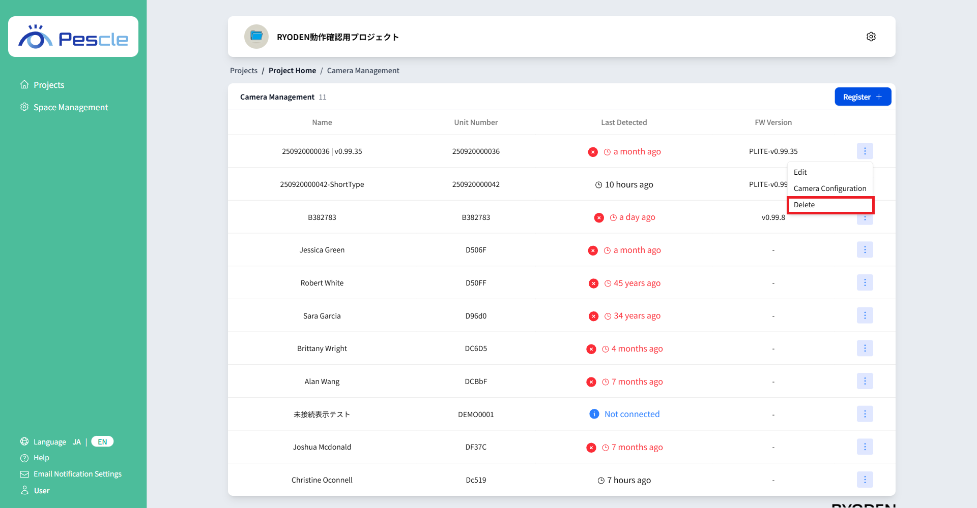 Camera management name