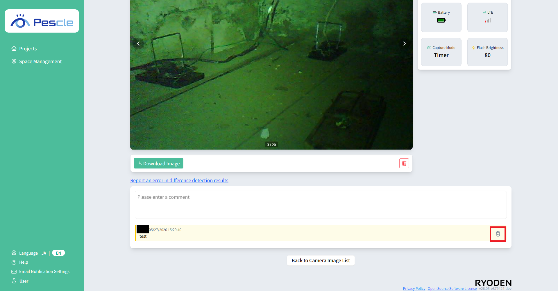Deleting comment from camera image