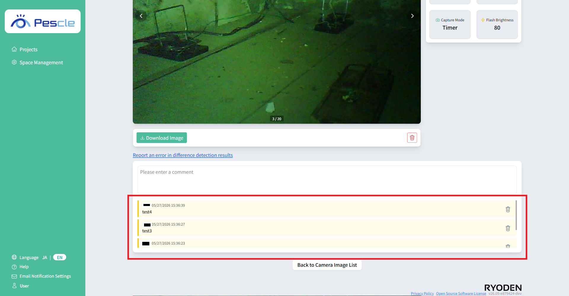 Comment list for camera image